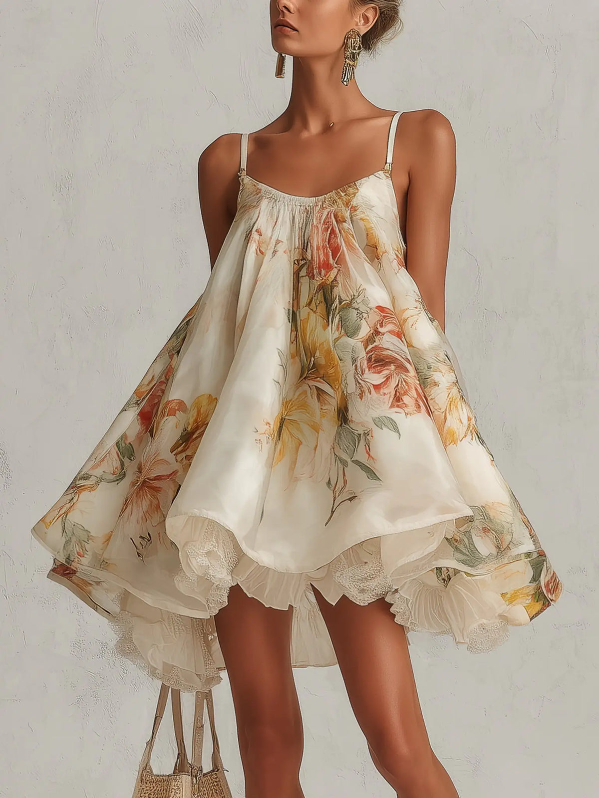 Blanche | Mini vestido trapezoidal en organza con motivos florales beige y borde de encaje