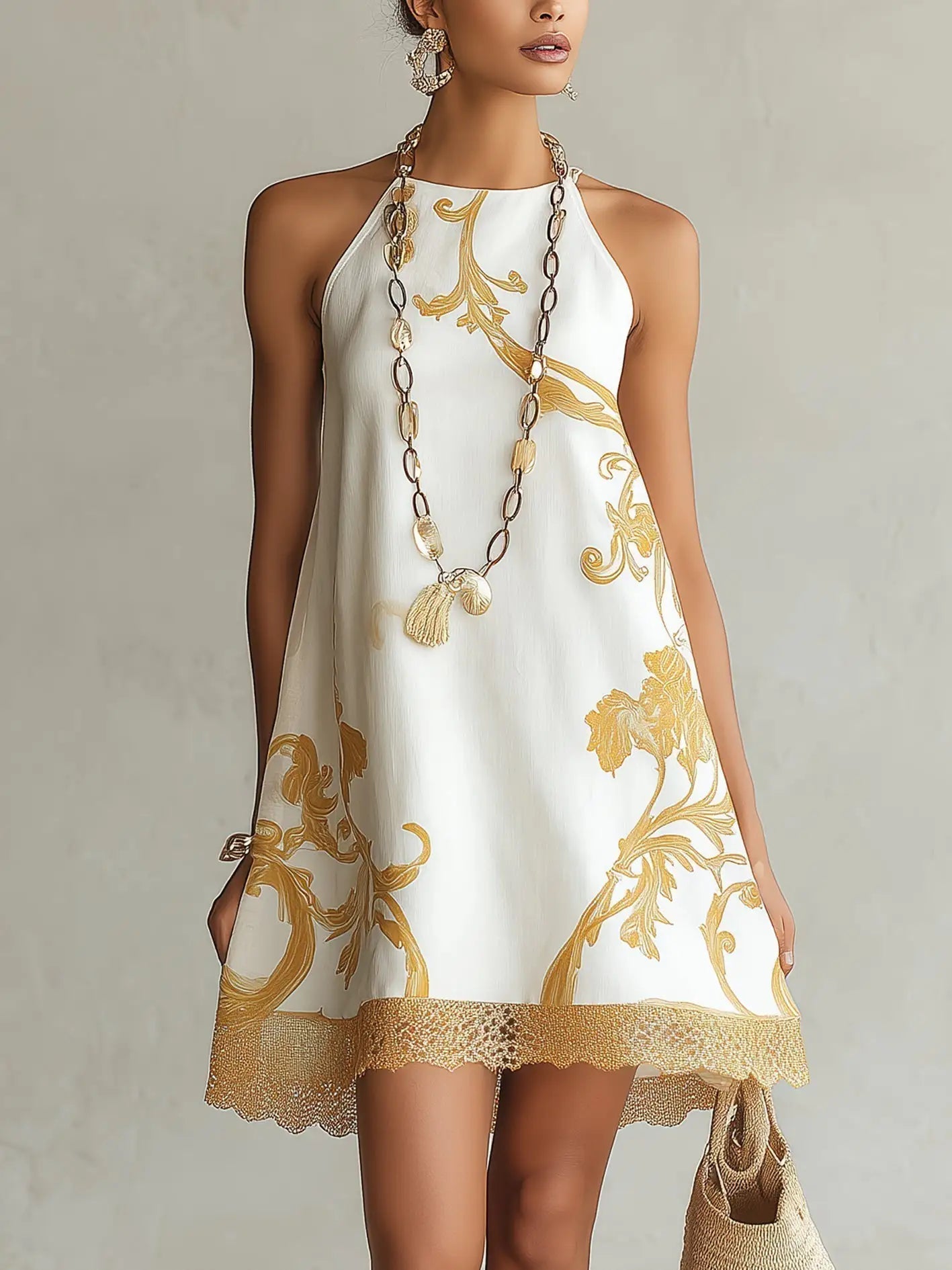 Héloïse | Vestido mini de encaje blanco con motivos dorados