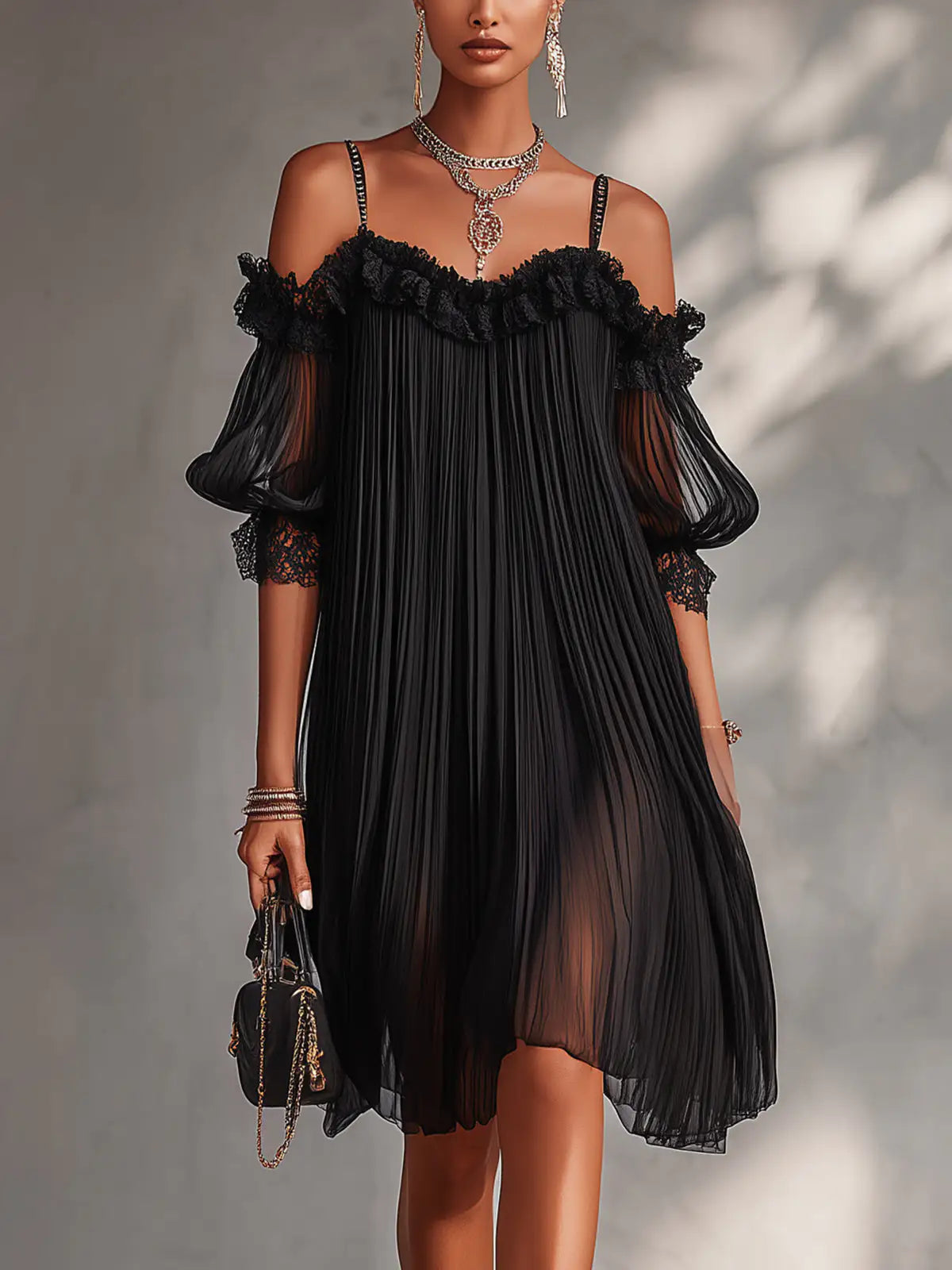 Camille | Mini vestido de chifón negro con hombros descubiertos y borde de encaje