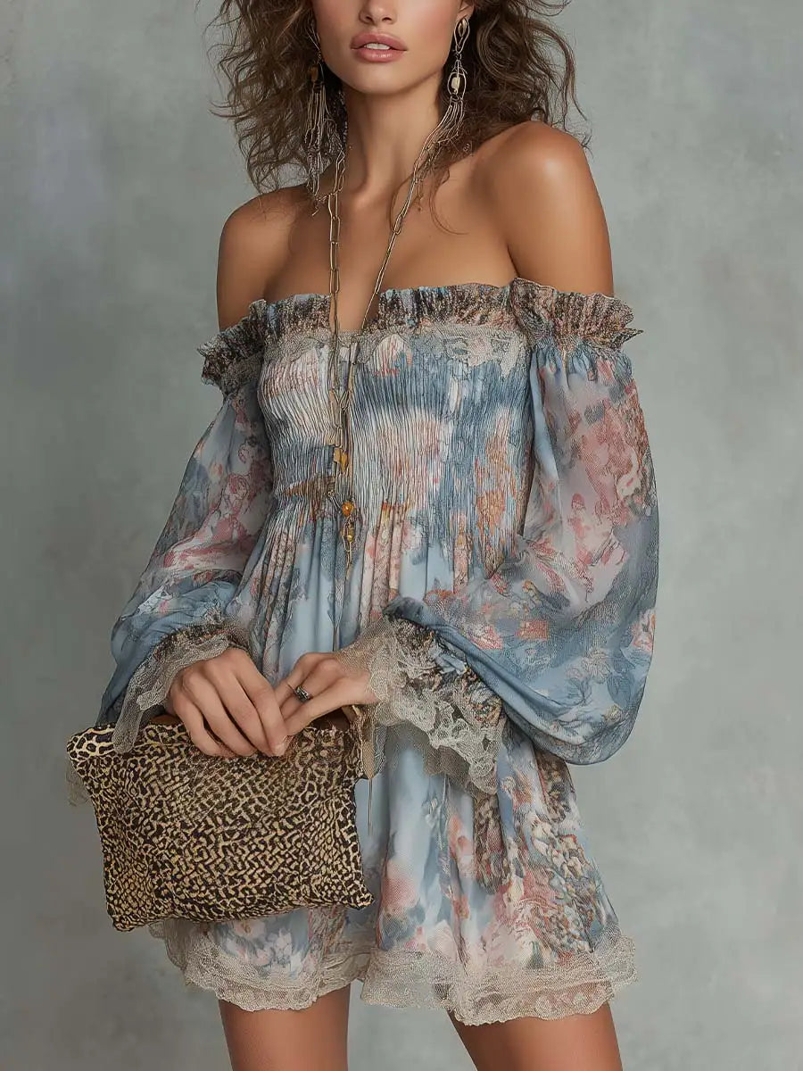 Romane | Mini Vestido de Chiffón Fruncido con Hombros Descubiertos y Flores Románticas