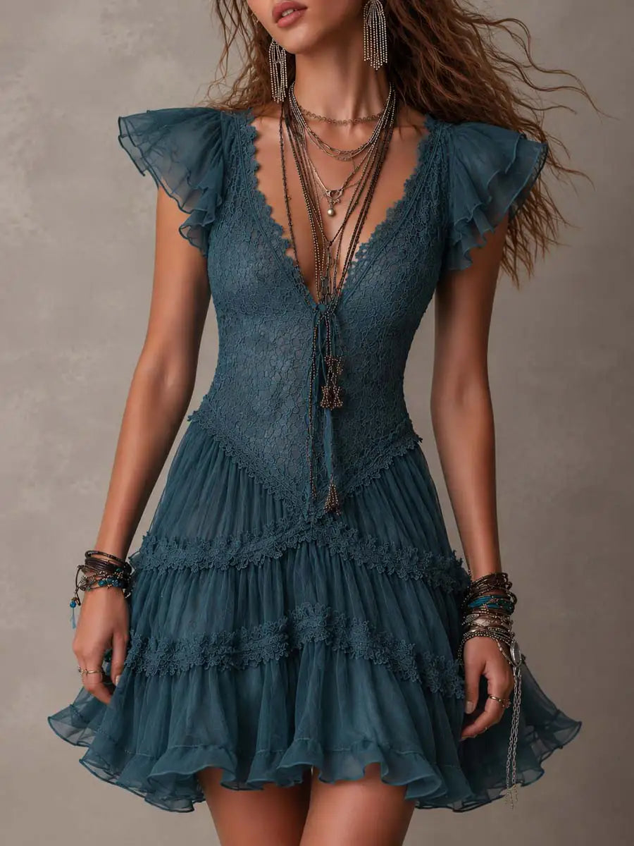 Delphine | Mini vestido con volante de encaje y chifón azul retro