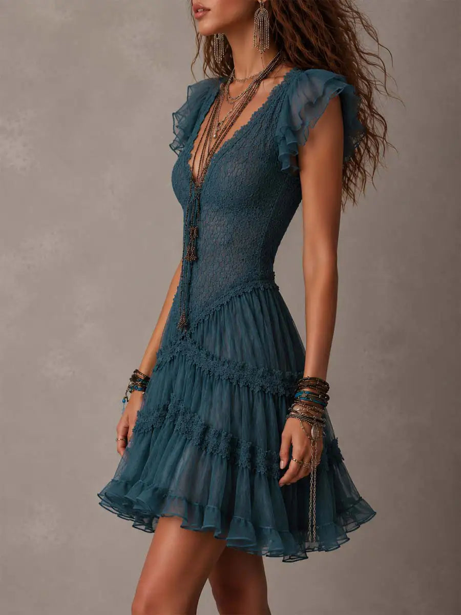 Delphine | Mini vestido con volante de encaje y chifón azul retro