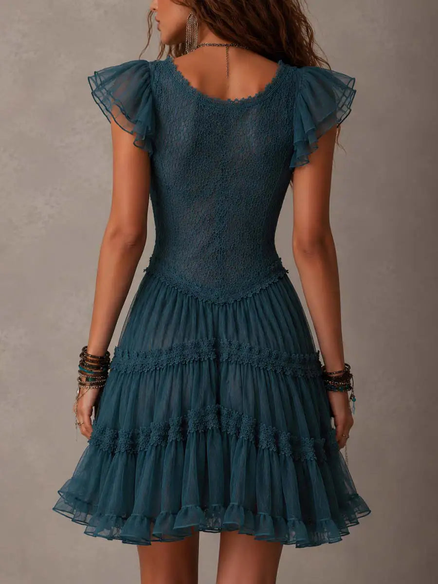 Delphine | Mini vestido con volante de encaje y chifón azul retro
