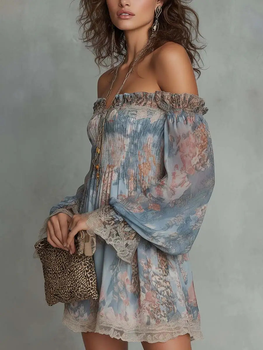 Romane | Mini Vestido de Chiffón Fruncido con Hombros Descubiertos y Flores Románticas