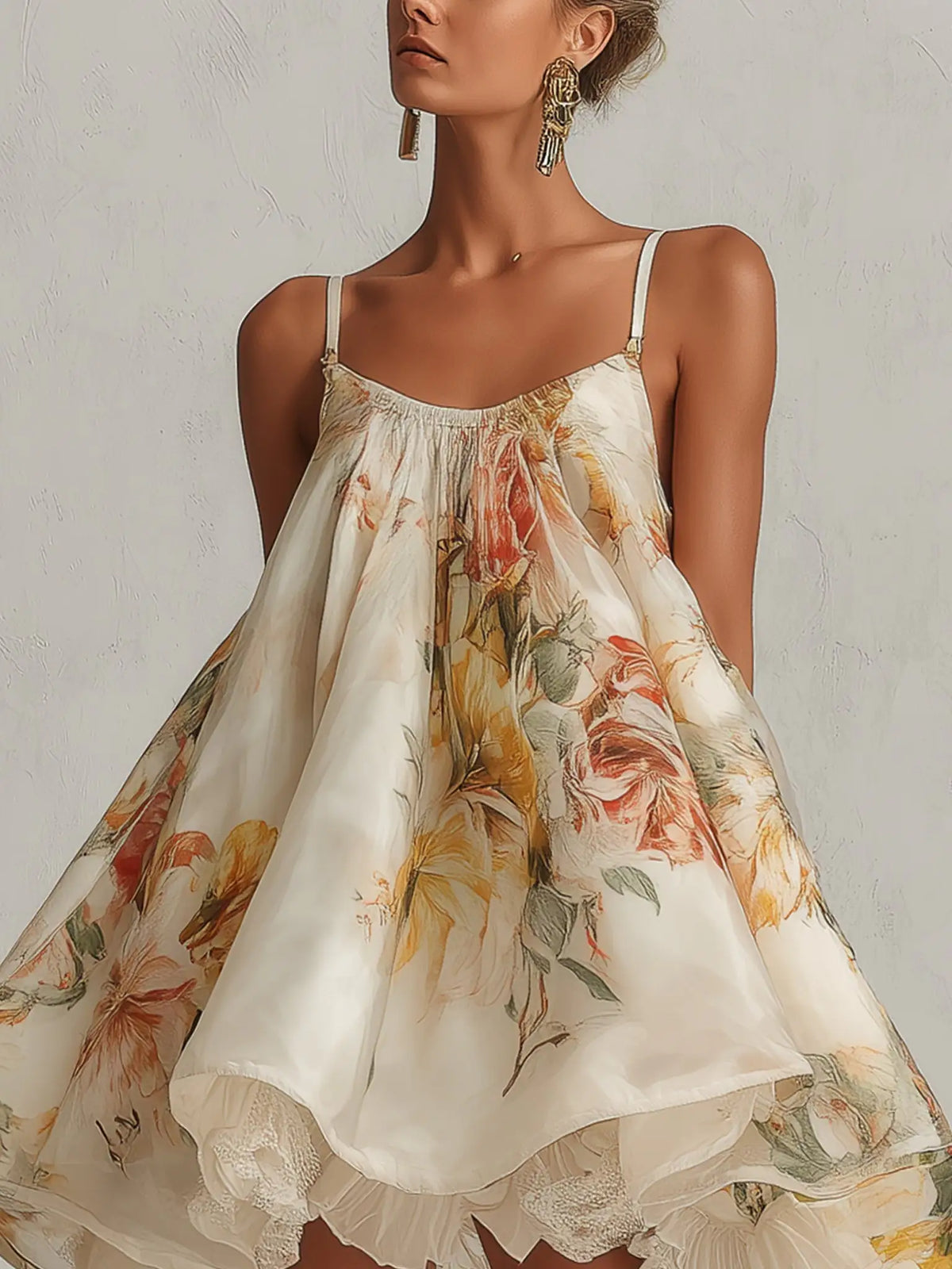 Blanche | Mini vestido trapezoidal en organza con motivos florales beige y borde de encaje