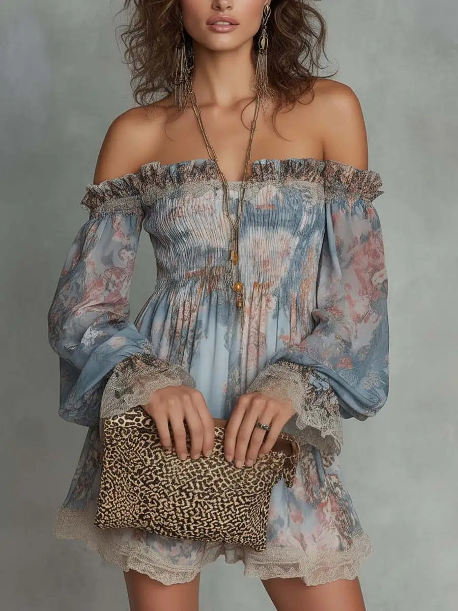 Romane | Mini Vestido de Chiffón Fruncido con Hombros Descubiertos y Flores Románticas