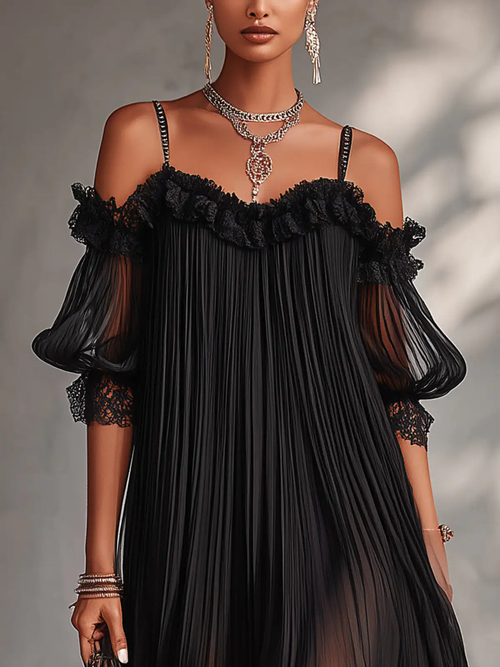 Camille | Mini vestido de chifón negro con hombros descubiertos y borde de encaje
