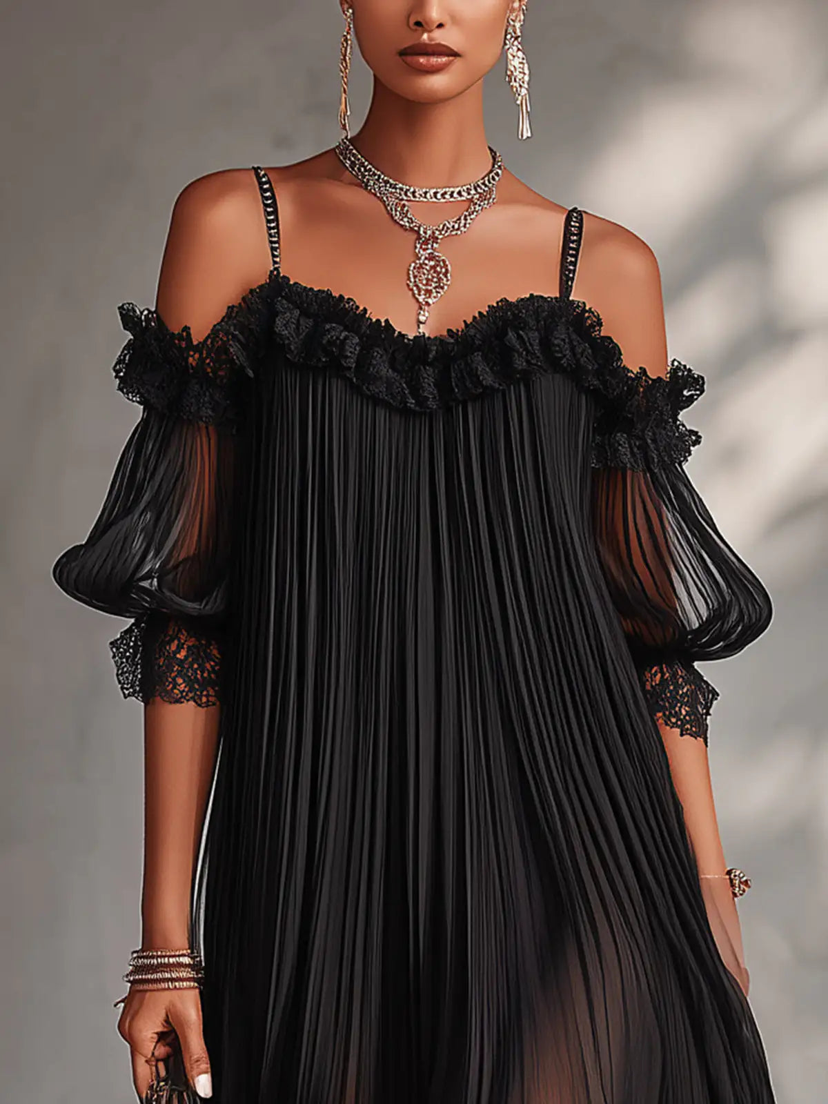 Camille | Mini vestido de chifón negro con hombros descubiertos y borde de encaje