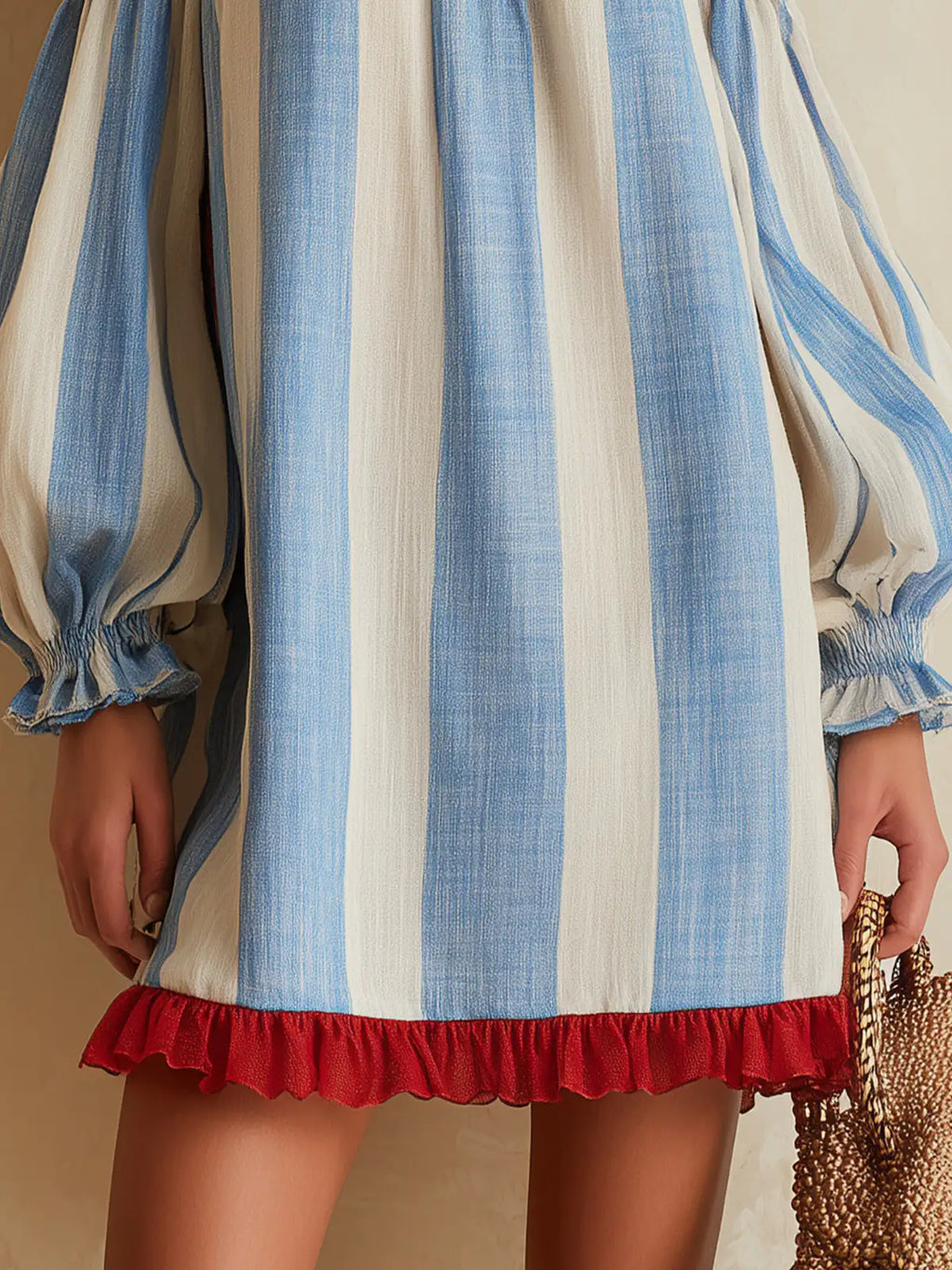 Ondine | Mini Vestido de Rayas Azules y Blancas con Hombros Descubiertos y Dobladillo en Contraste