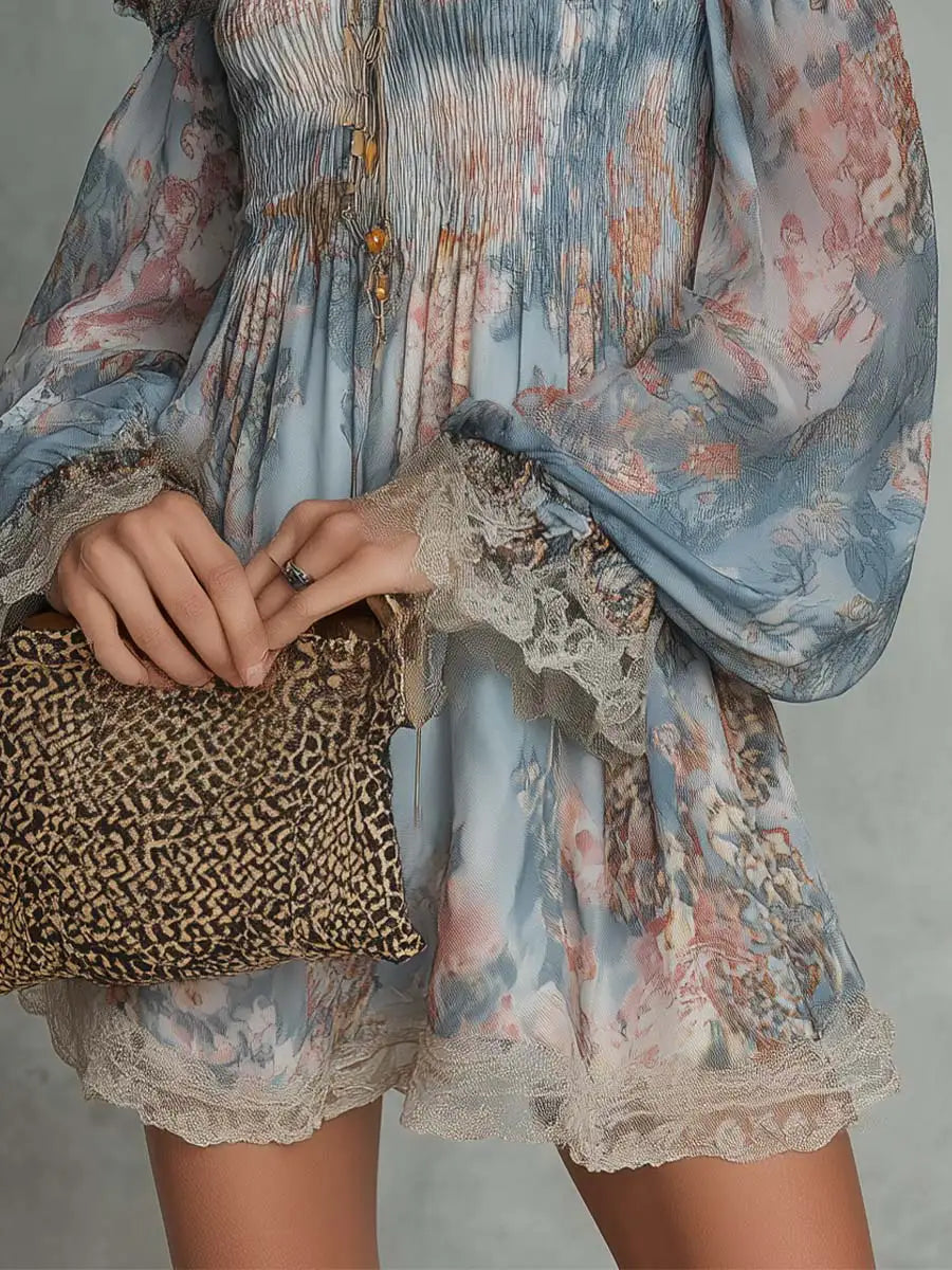 Romane | Mini Vestido de Chiffón Fruncido con Hombros Descubiertos y Flores Románticas