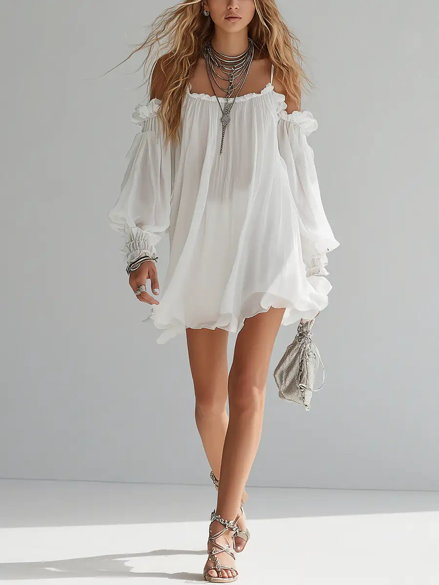Mélusine | Mini vestido fluido estilo boho con hombros descubiertos
