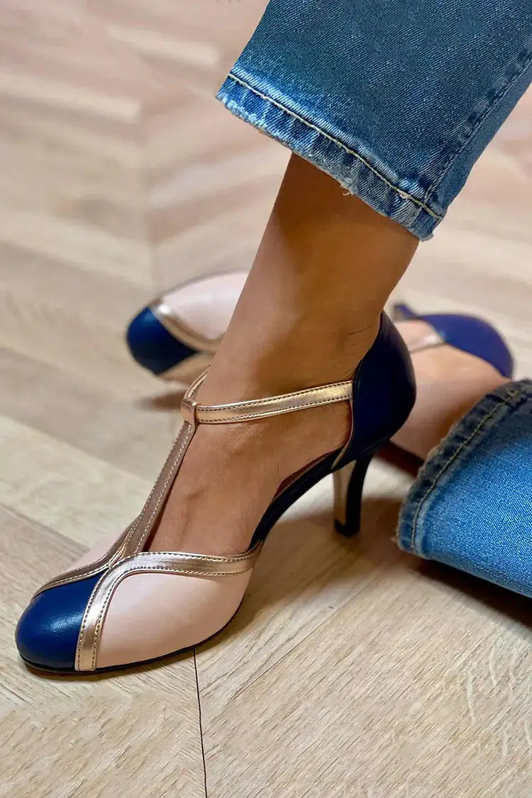 Viola | Tacones Stiletto Color Block con Correa en T y Punta Redonda