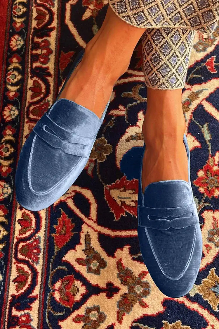Tania | Mocasines Azules de Terciopelo Patchwork con Costuras y Suela