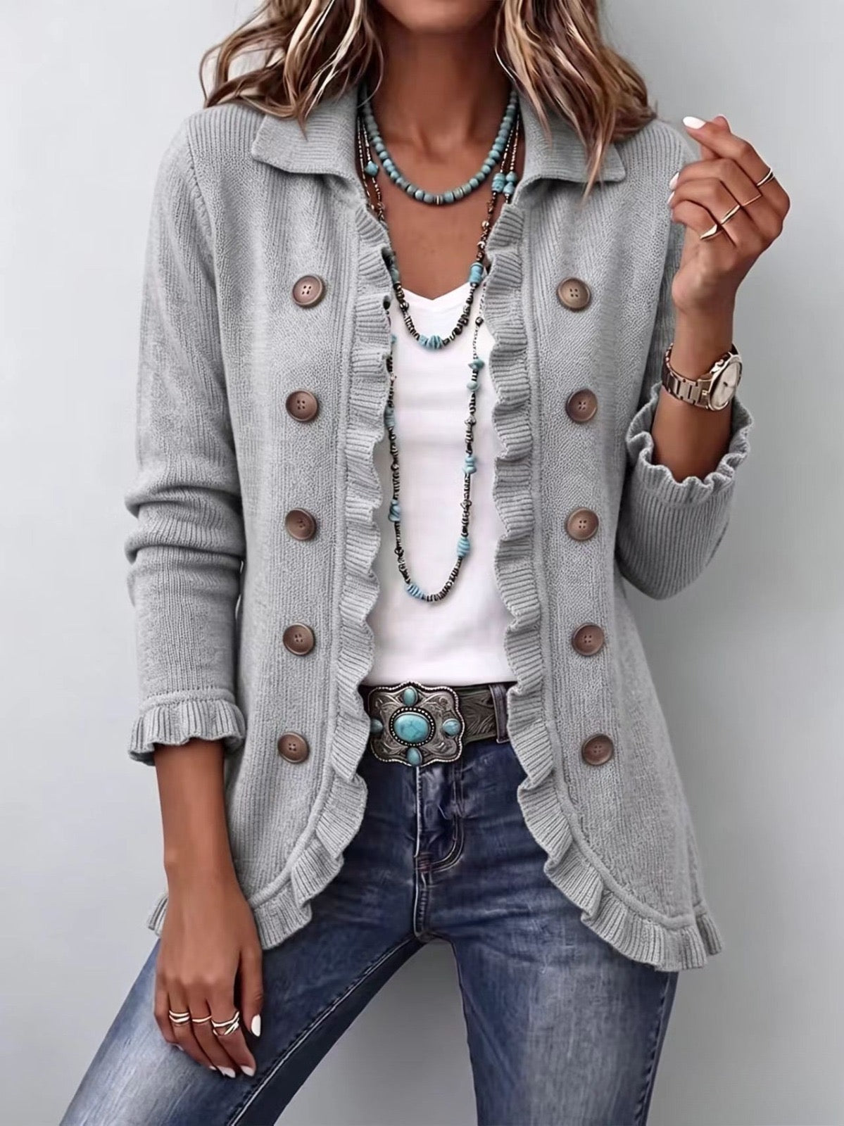 Eloísa | Chaqueta de Volantes de Punto Gris Jaspeado
