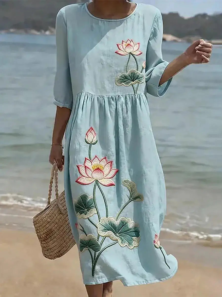 Loto | Vestido Midi Bordado Verde Agua