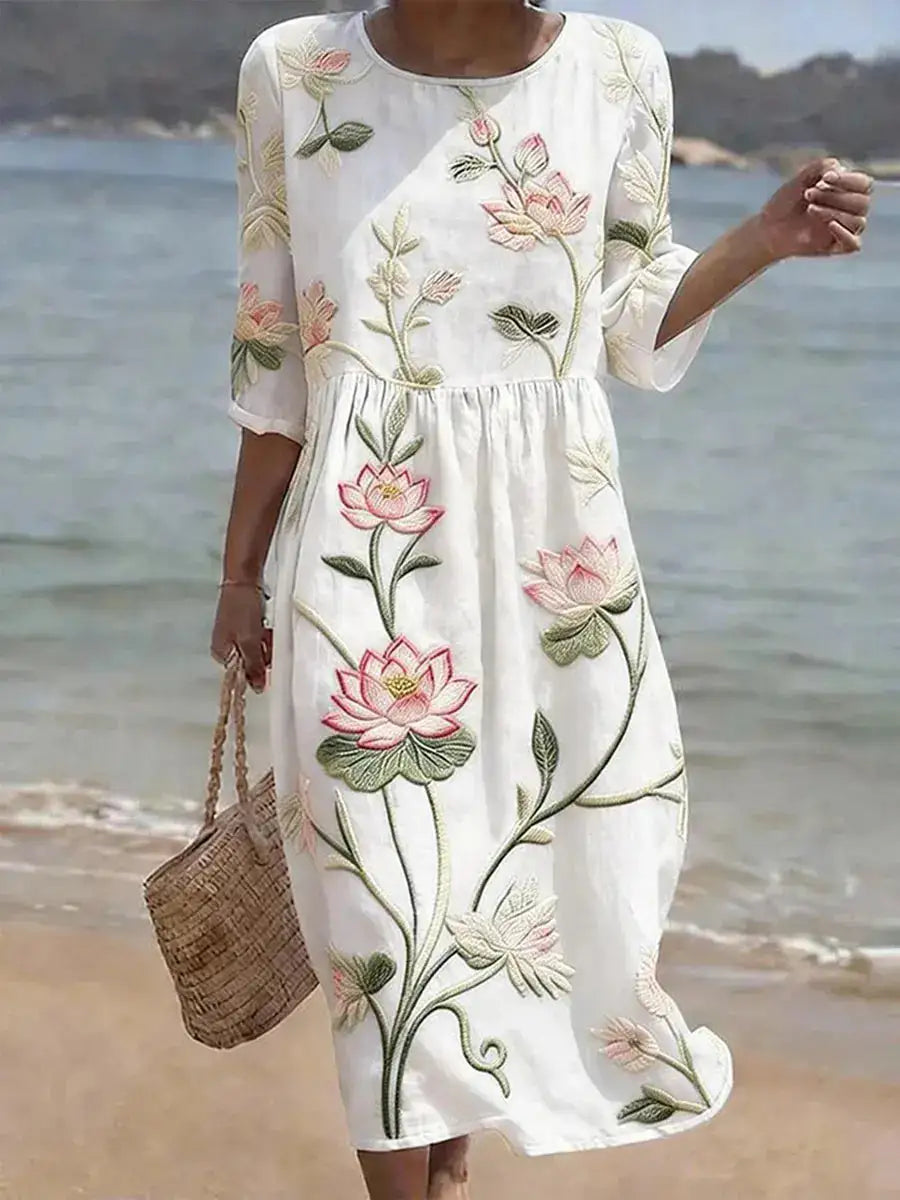 Loto | Vestido Midi Bordado Blanco