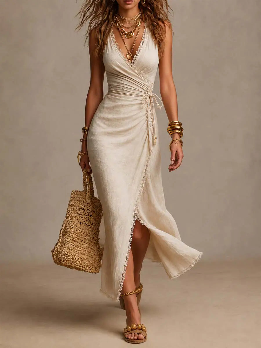 BIANCA | Vestido midi de lino natural con escote cruzado en el frente, volante y borde de encaje