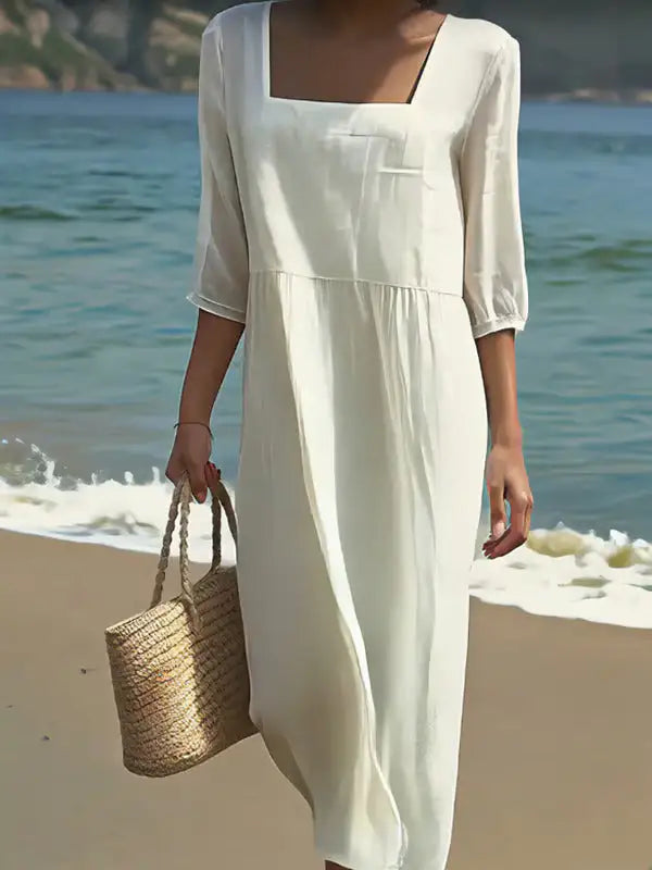 Alcudia | Vestido de Lino con Cuello Cuadrado
