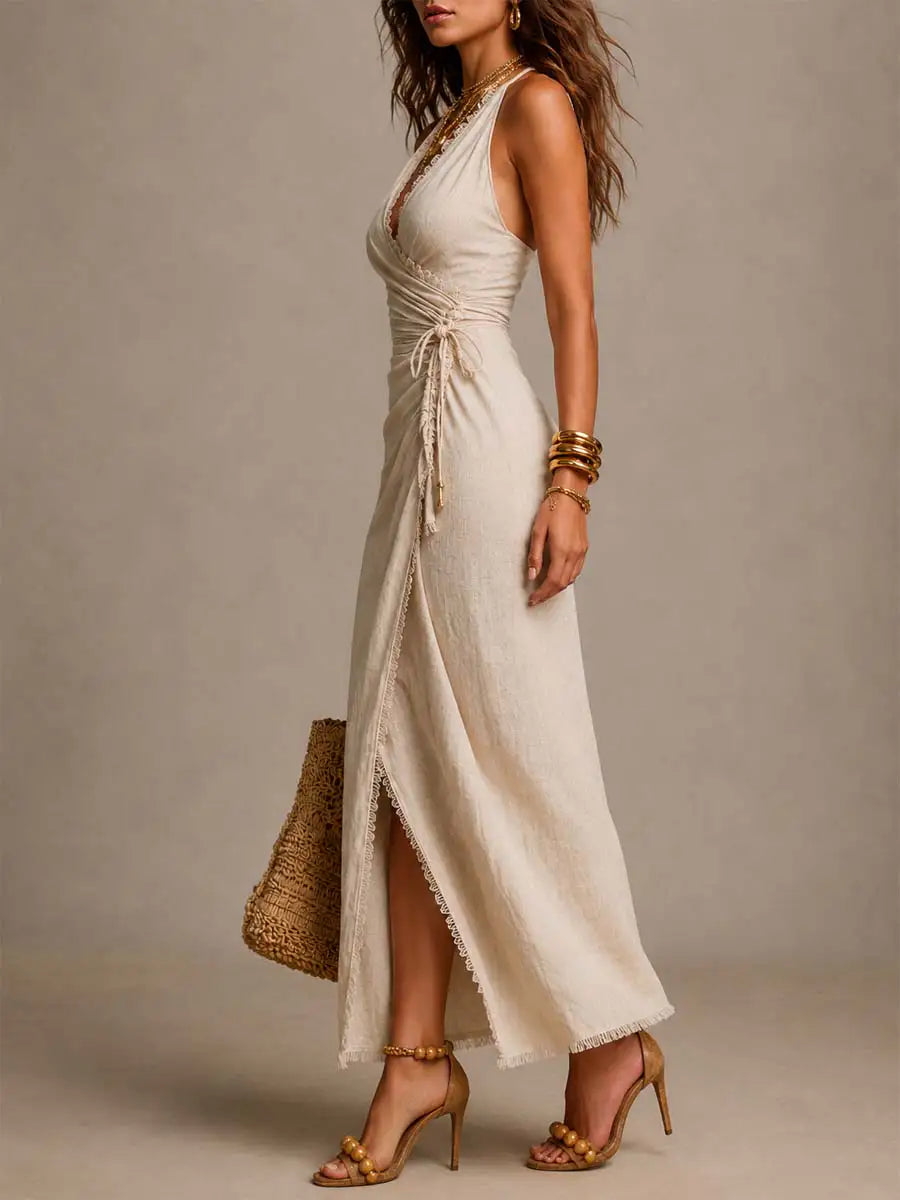 BIANCA | Vestido midi de lino natural con escote cruzado en el frente, volante y borde de encaje