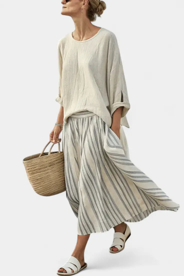 Aurora | Conjunto de Blusa y Falda Midi a Rayas