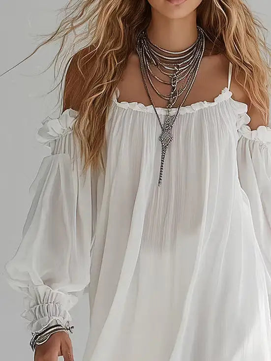 Mélusine | Mini vestido fluido estilo boho con hombros descubiertos