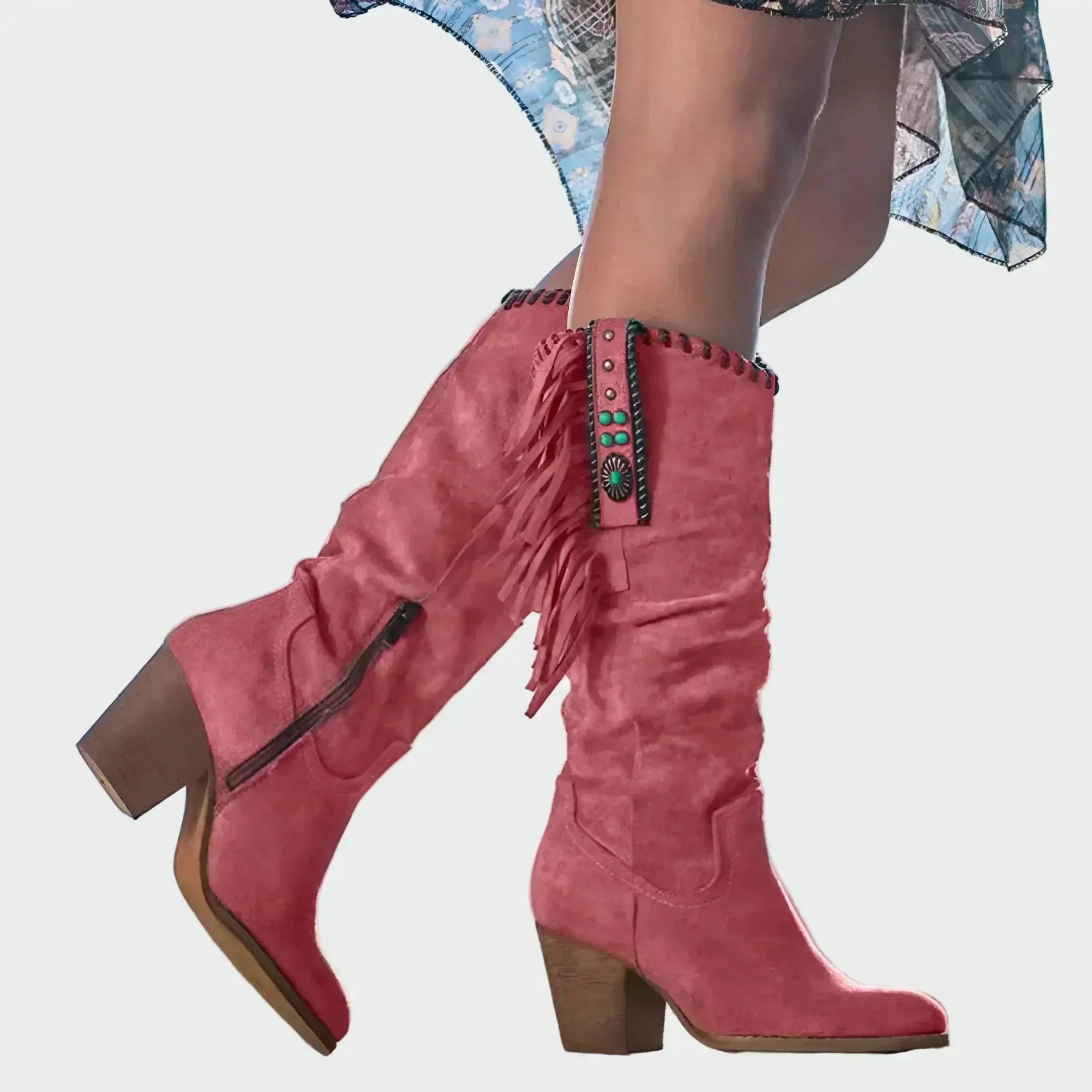 Maya | Botas Boho-western con Flecos y Piedras Turquesas