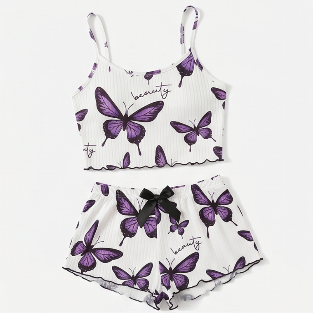 Eufemia | Pijama de Canalé con Estampado de Mariposas