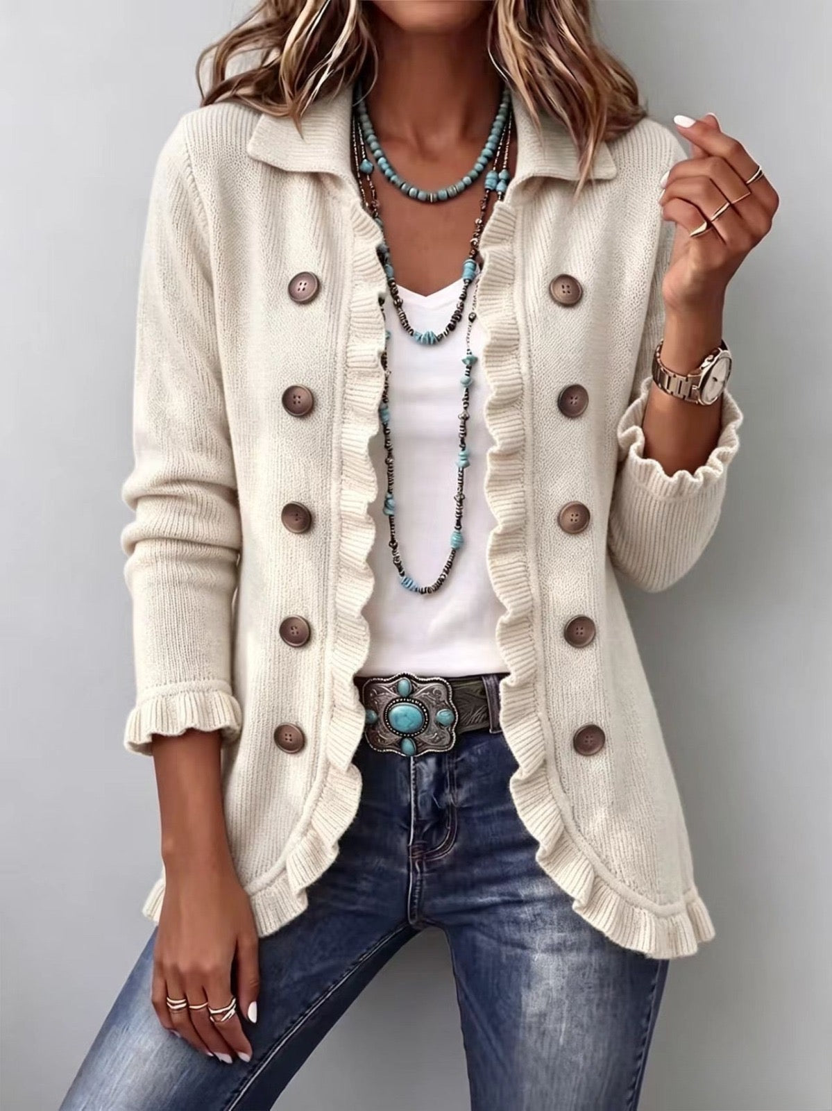 Adelina | Chaqueta de Volantes de Punto Marfil