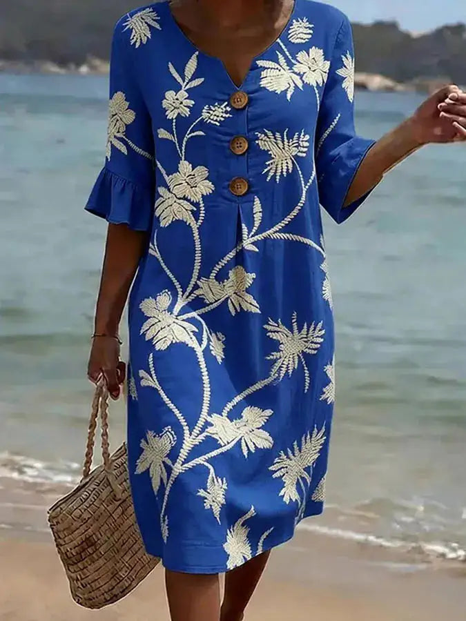 Camelia | Vestido Bordado con Botones Azul Royal