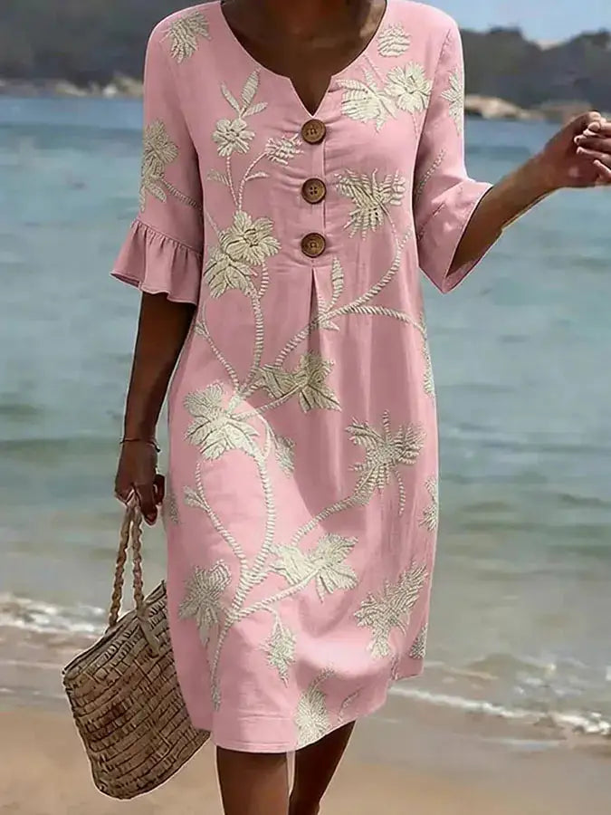 Camelia | Vestido Bordado con Botones Rosa