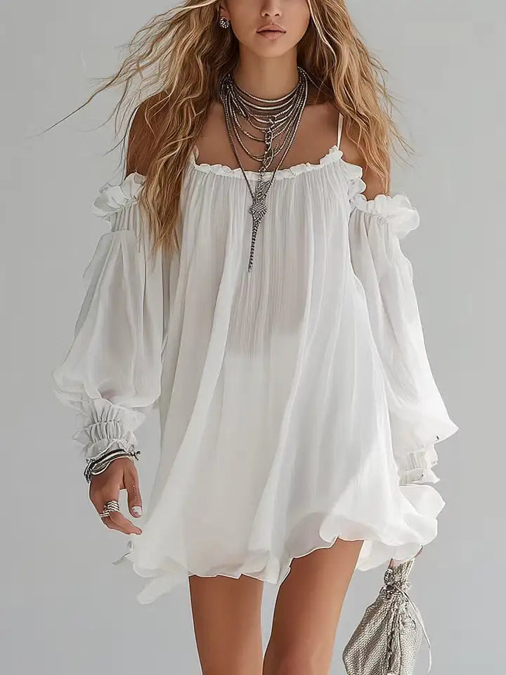 Mélusine | Mini vestido fluido estilo boho con hombros descubiertos