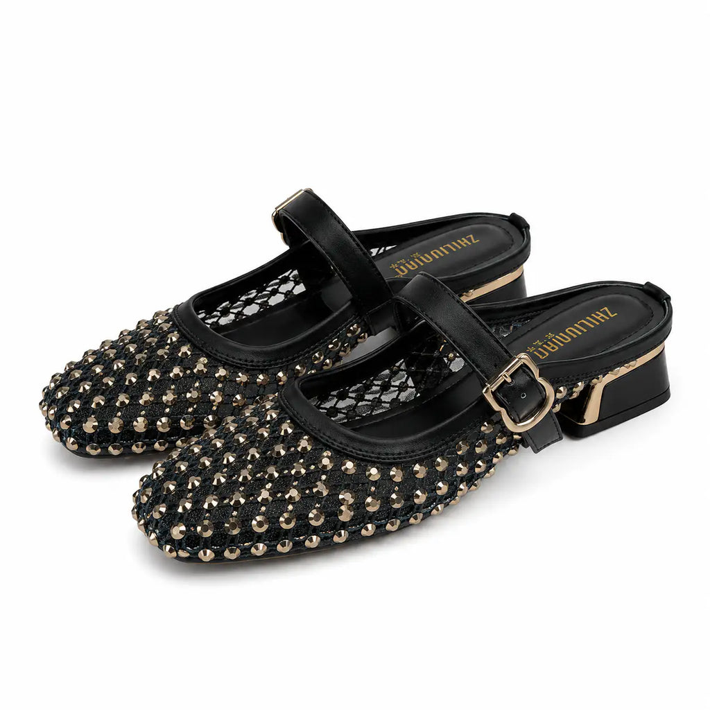 Montaigne™ | Sandalias Mule con Punta Cuadrada y Pedrería