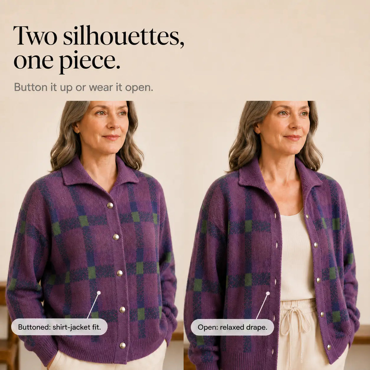 Guadalupe | Cárdigan Oversize de Cuadros con Cuello Camisero