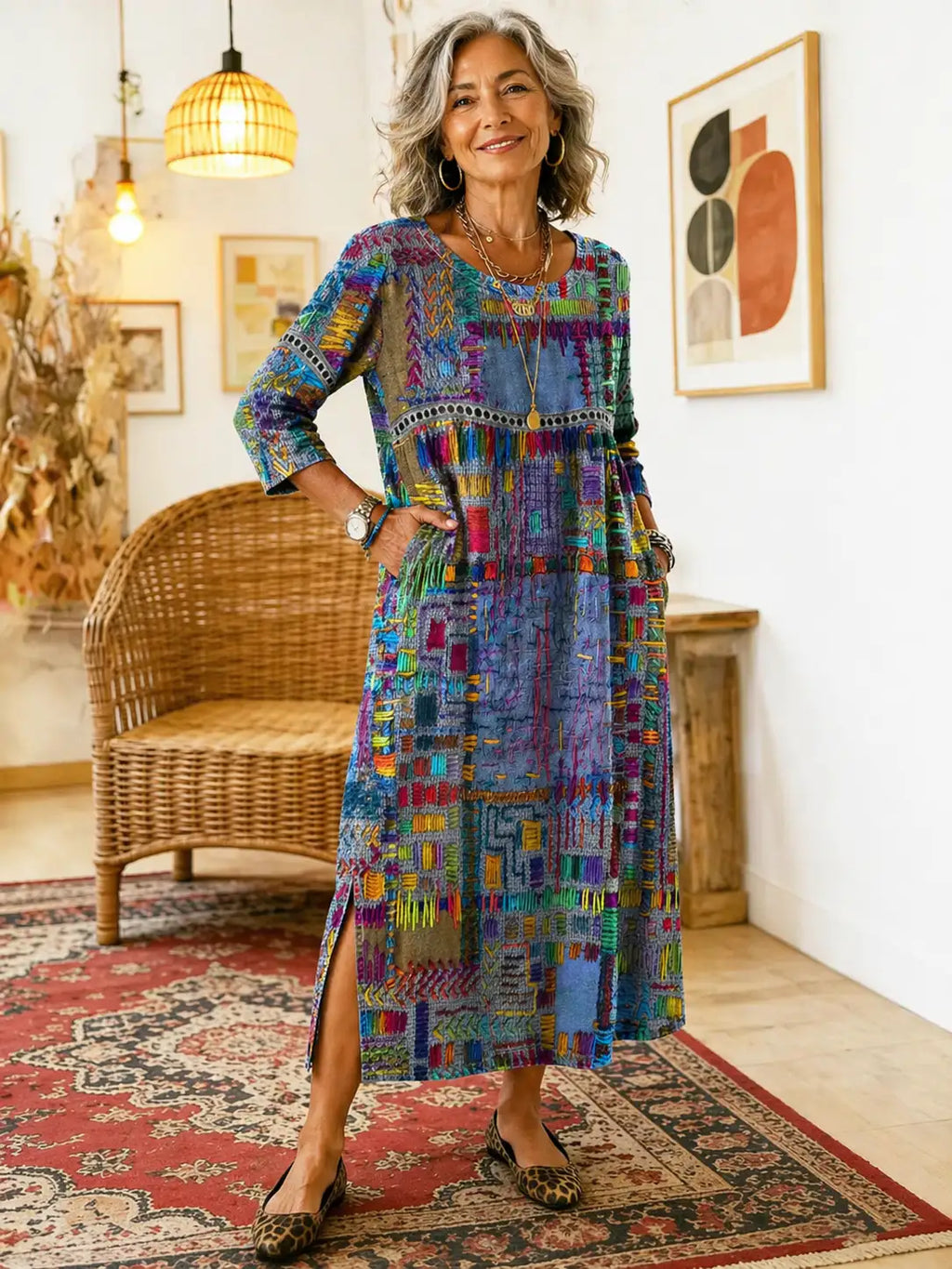 Manuela | Vestido Vaquero con Patchwork Étnico