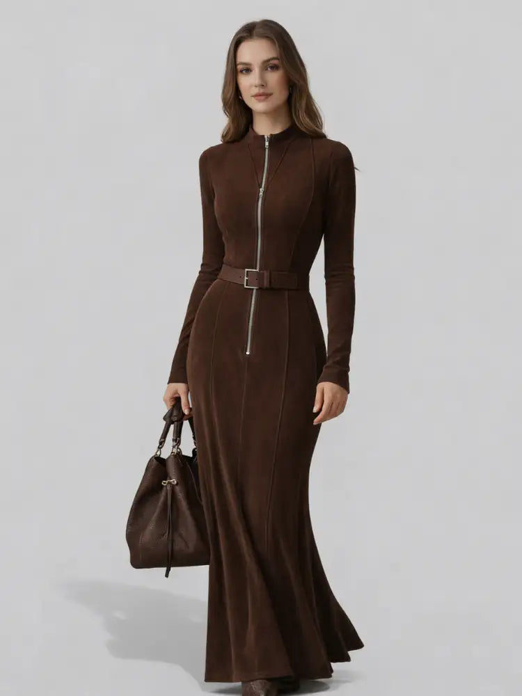 Almudena™ | Vestido Largo Marrón con Cinturón
