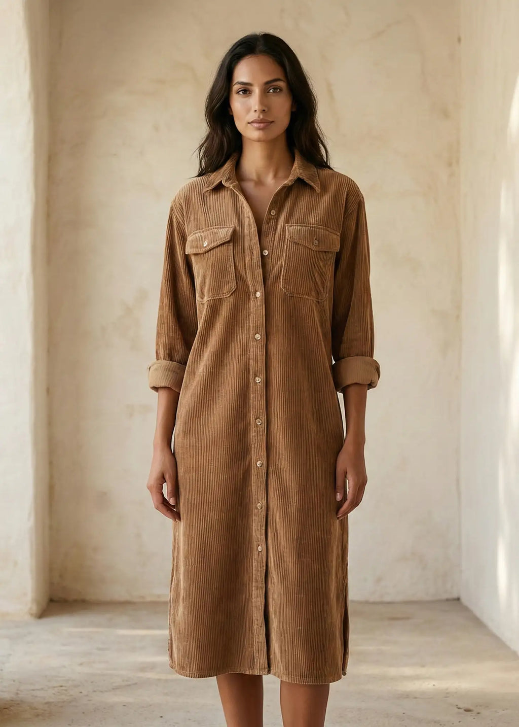 NIYARA | Vestido camisero de terciopelo acanalado