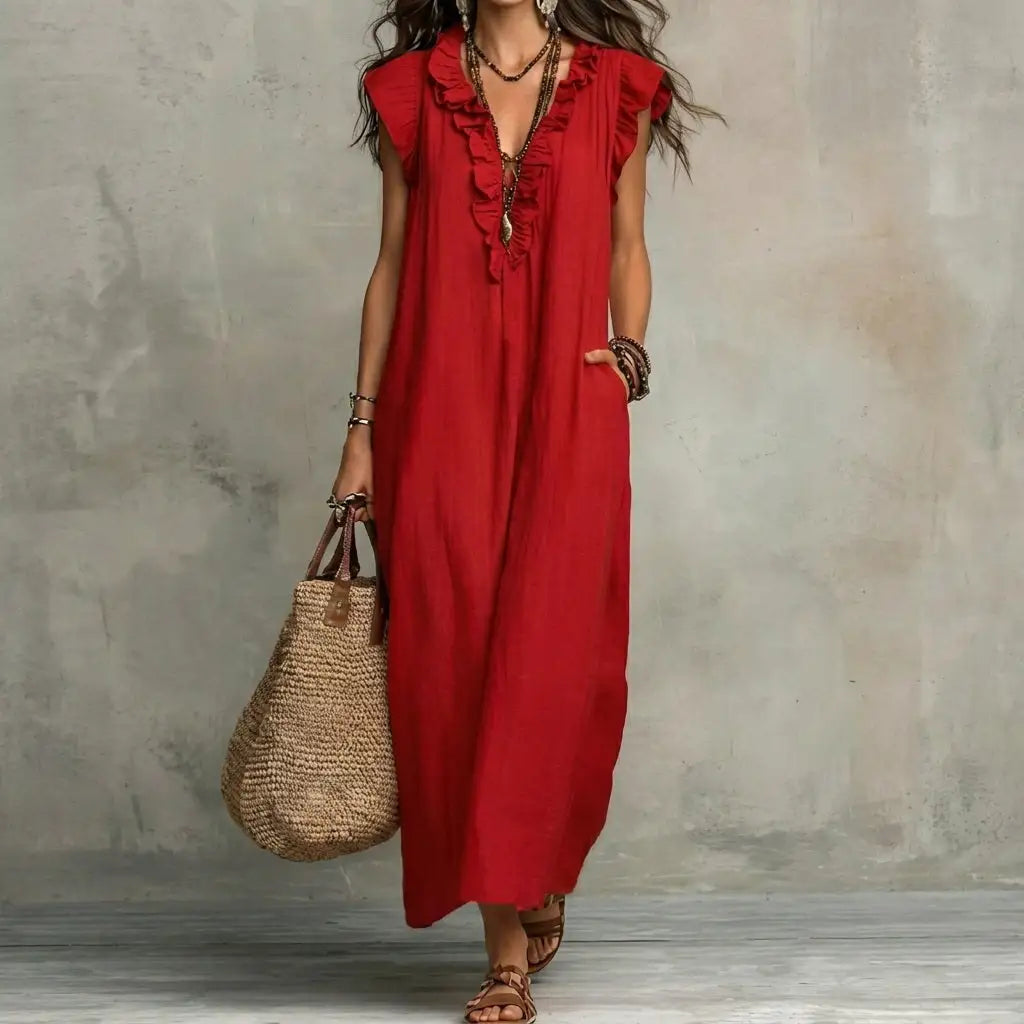 Josefina™  | Vestido largo con textura de lino con escote en pico y volantes