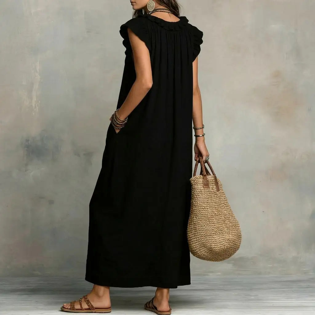 Josefina™  | Vestido largo con textura de lino con escote en pico y volantes