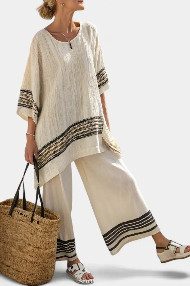 Mariella | Conjunto de Top de Lino a Rayas y Pantalón Fluido