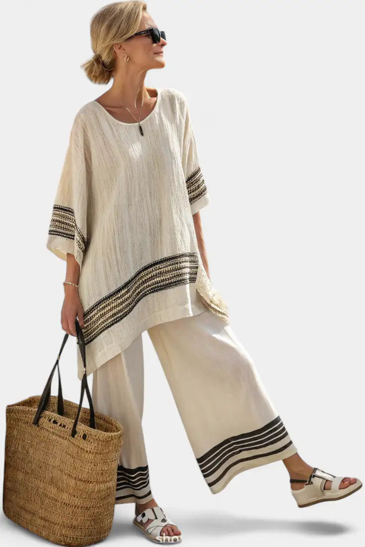 Mariella | Conjunto de Top de Lino a Rayas y Pantalón Fluido