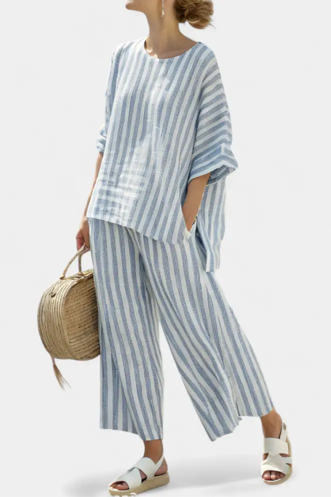 Federica | Conjunto de Top de Lino a Rayas Azules y Pantalón