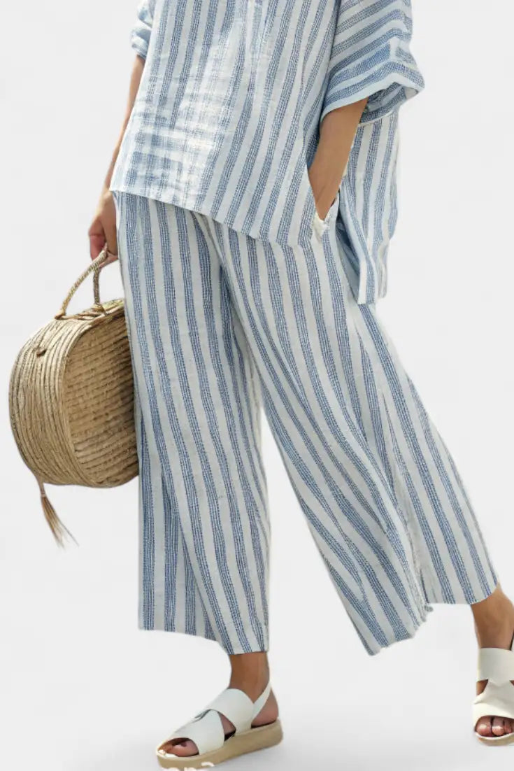Federica | Conjunto de Top de Lino a Rayas Azules y Pantalón