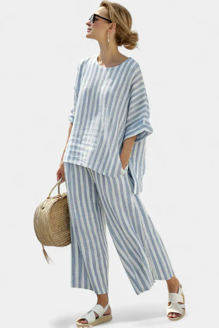 Federica | Conjunto de Top de Lino a Rayas Azules y Pantalón