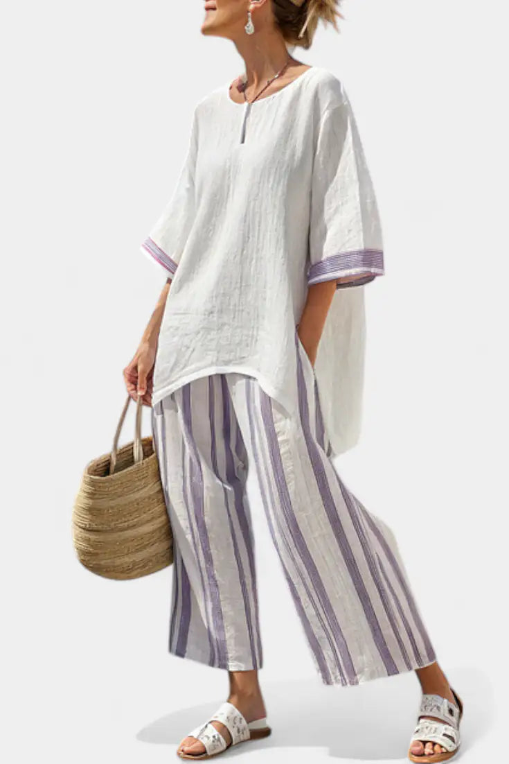 Allegra | Conjunto de Camiseta y Pantalón de Bambú a Rayas