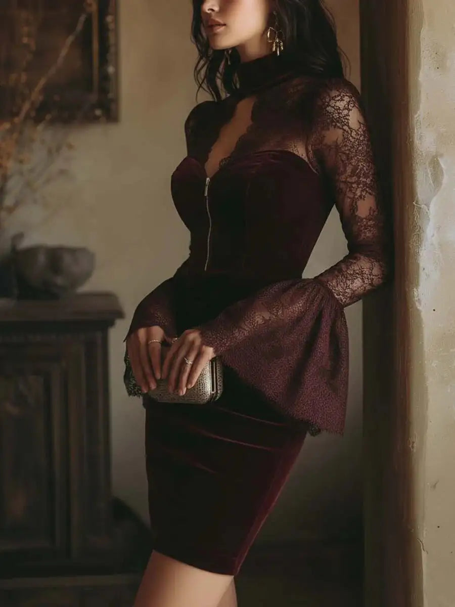 Núria™ | Mini Vestido de Terciopelo y Encaje Burdeos