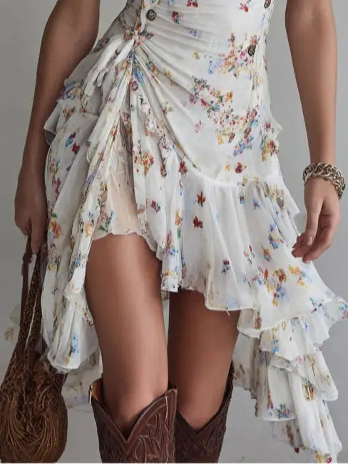 Perrine | Mini vestido floral retro con escote en V y tirantes finos