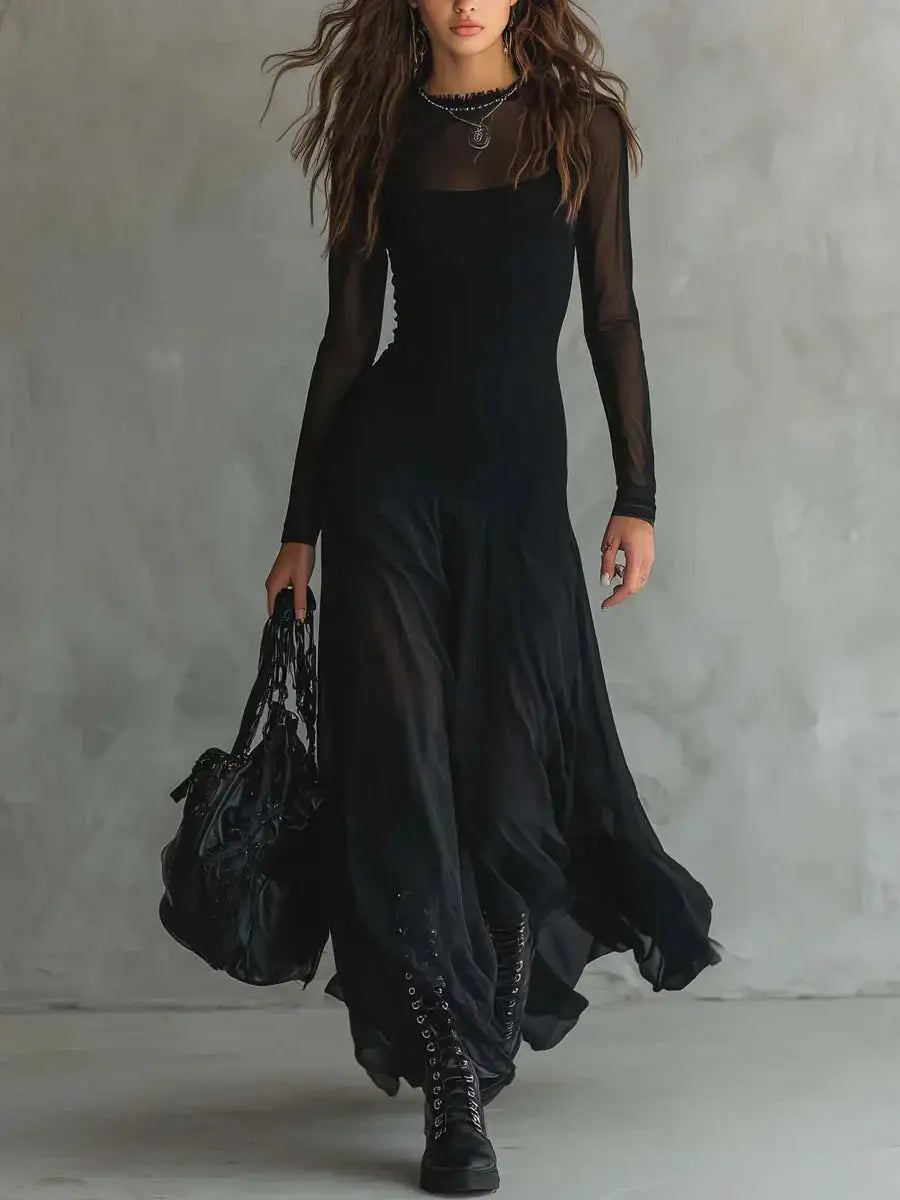 Nerea | Vestido Maxi de Tul Negro con Corte Holgado