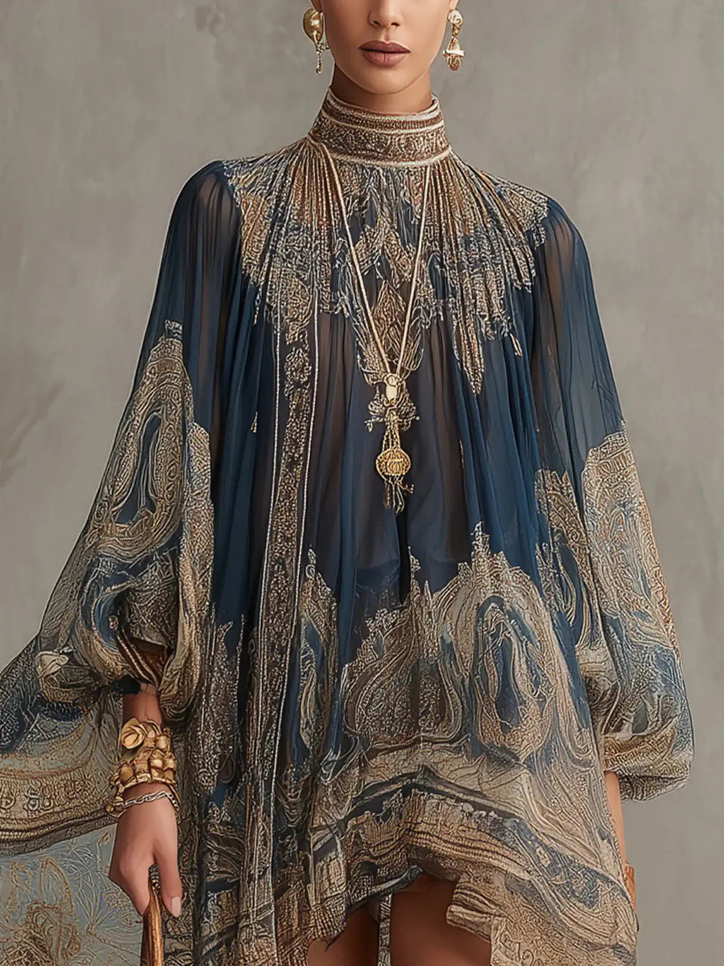 Bérénice | Vestido corto asimétrico de chifón con estampado barroco azul marino y cuello alto