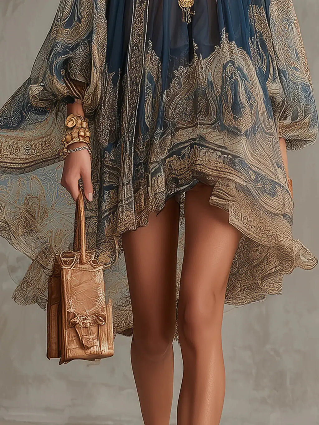 Bérénice | Vestido corto asimétrico de chifón con estampado barroco azul marino y cuello alto