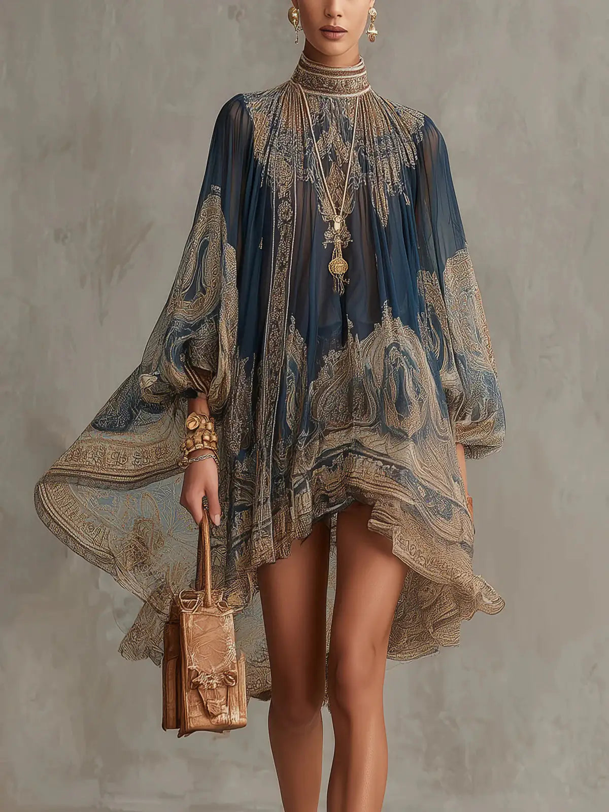 Bérénice | Vestido corto asimétrico de chifón con estampado barroco azul marino y cuello alto